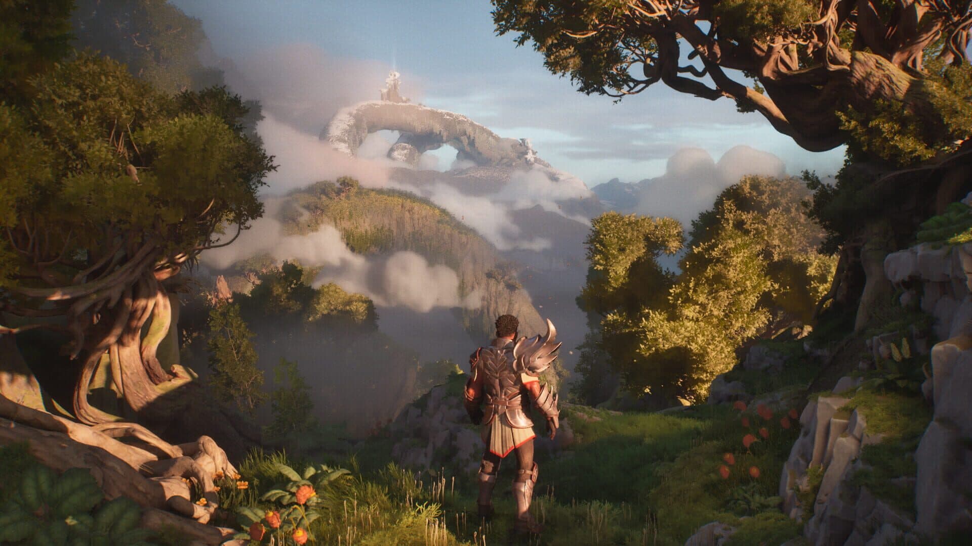 Adventurers on a lush clifftop overlooking a valley