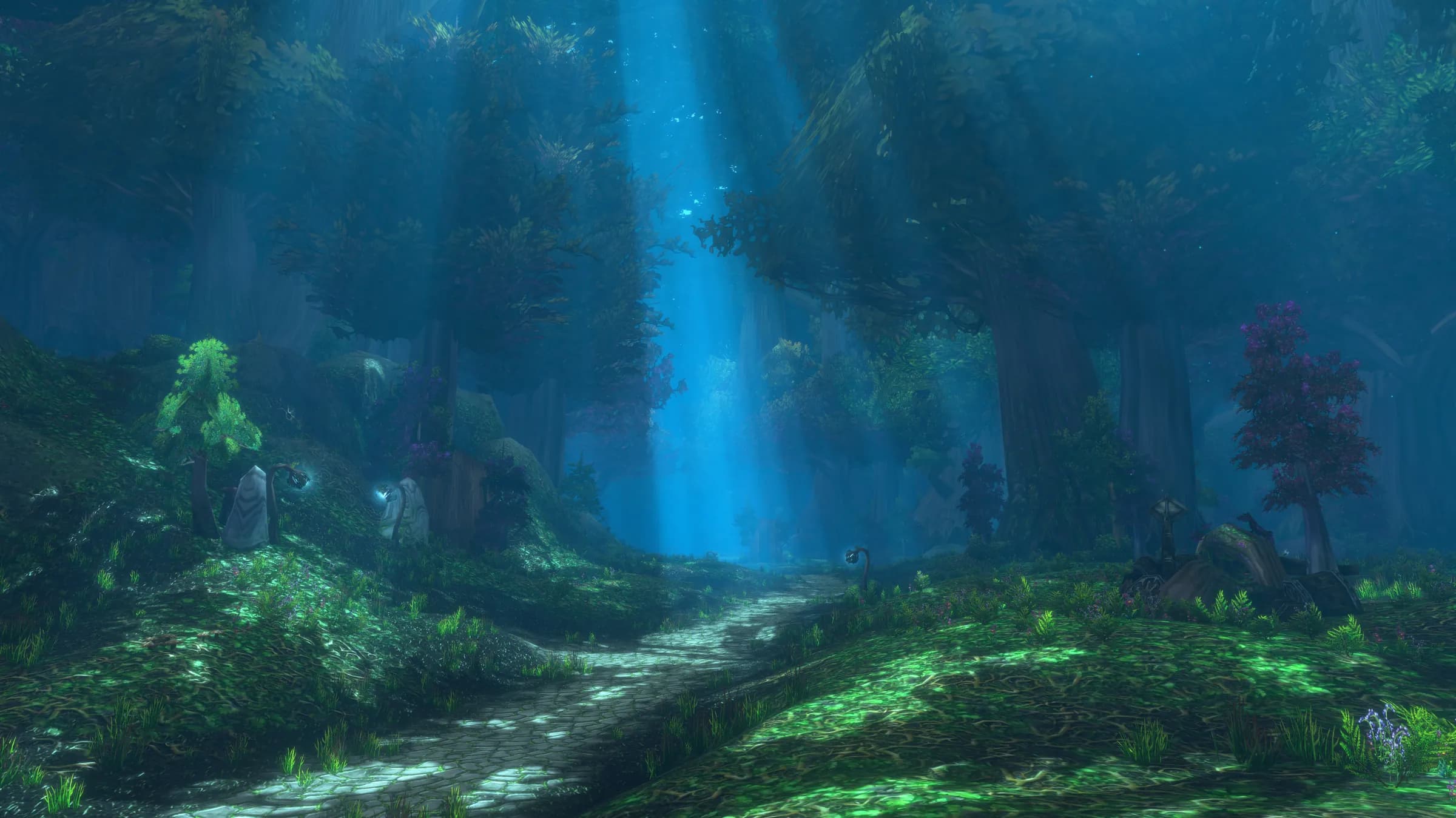 Shafts of light through the Ashenvale forest, showing the new lighting