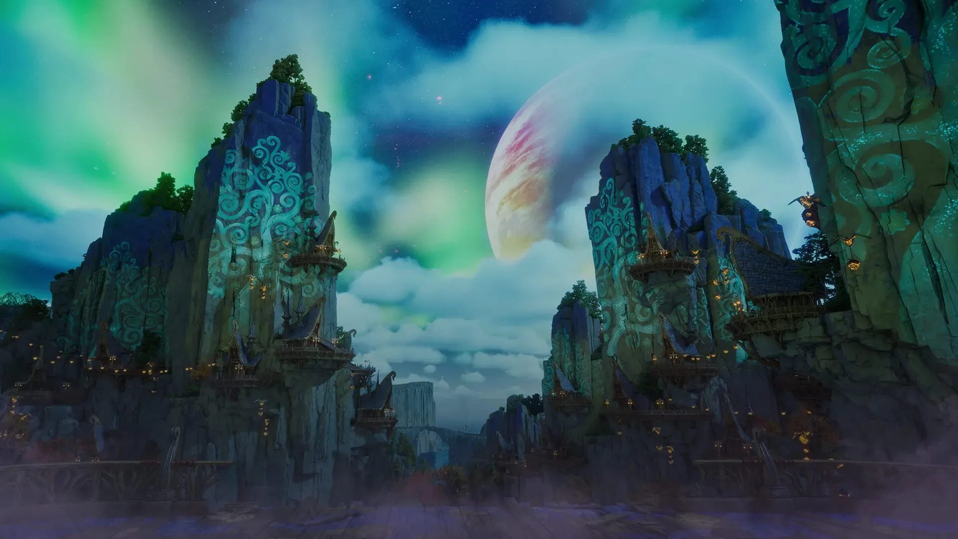 Floating stone spires under a green aurora and a huge moon