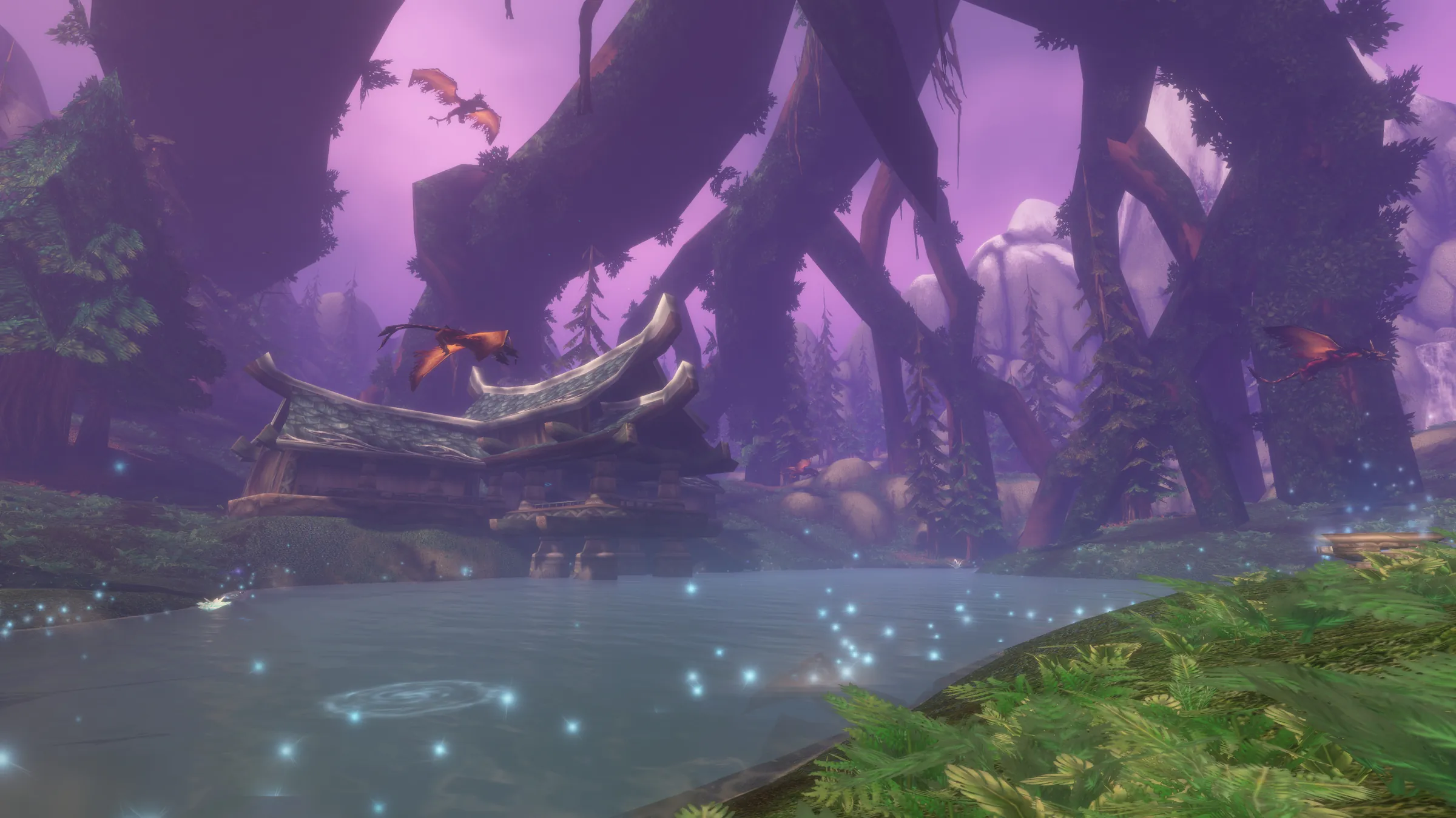 Twisted purple roots arching over glowing water on Mount Hyjal