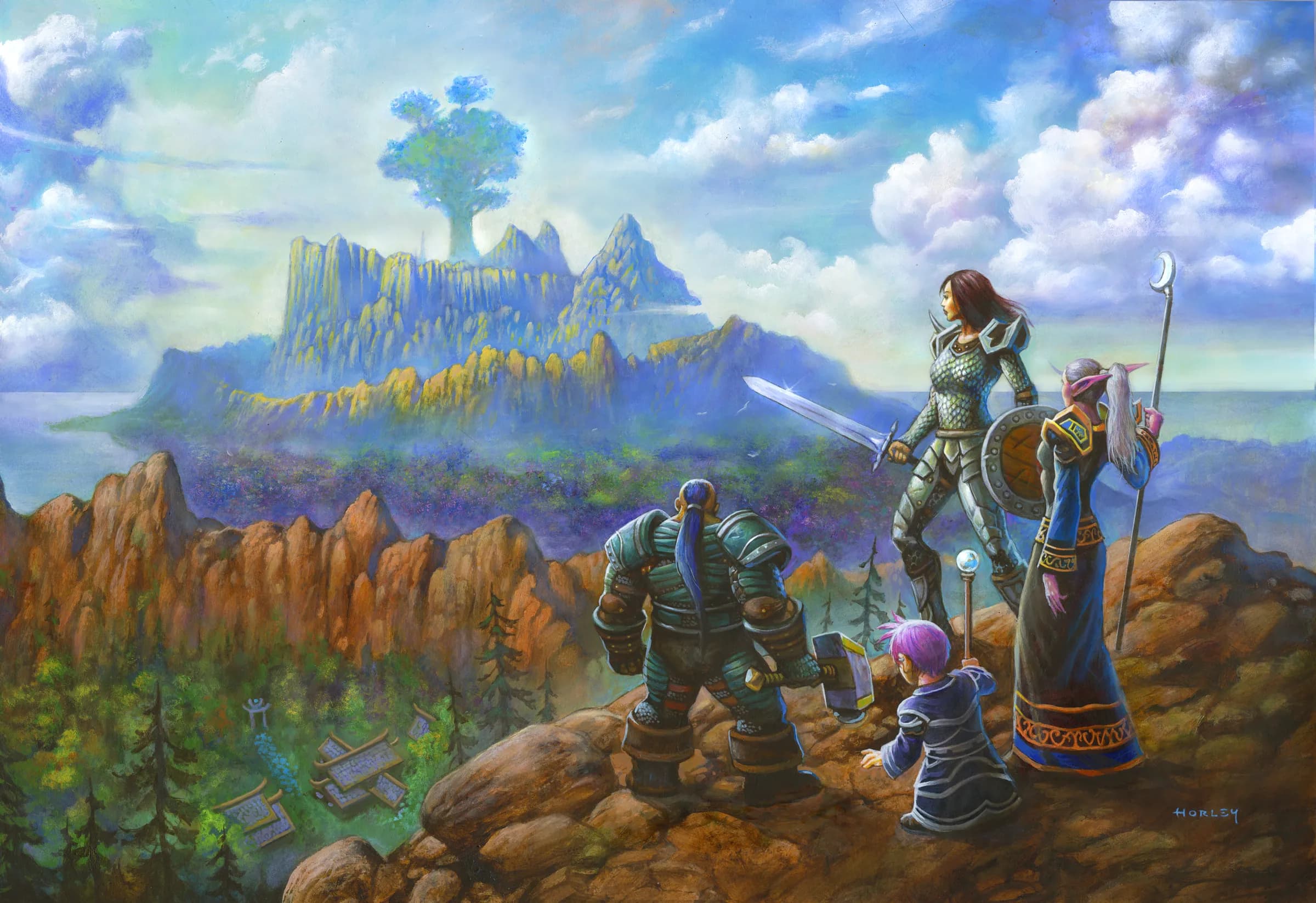Alliance key art: adventurers on a clifftop looking toward a great tree above the mountains