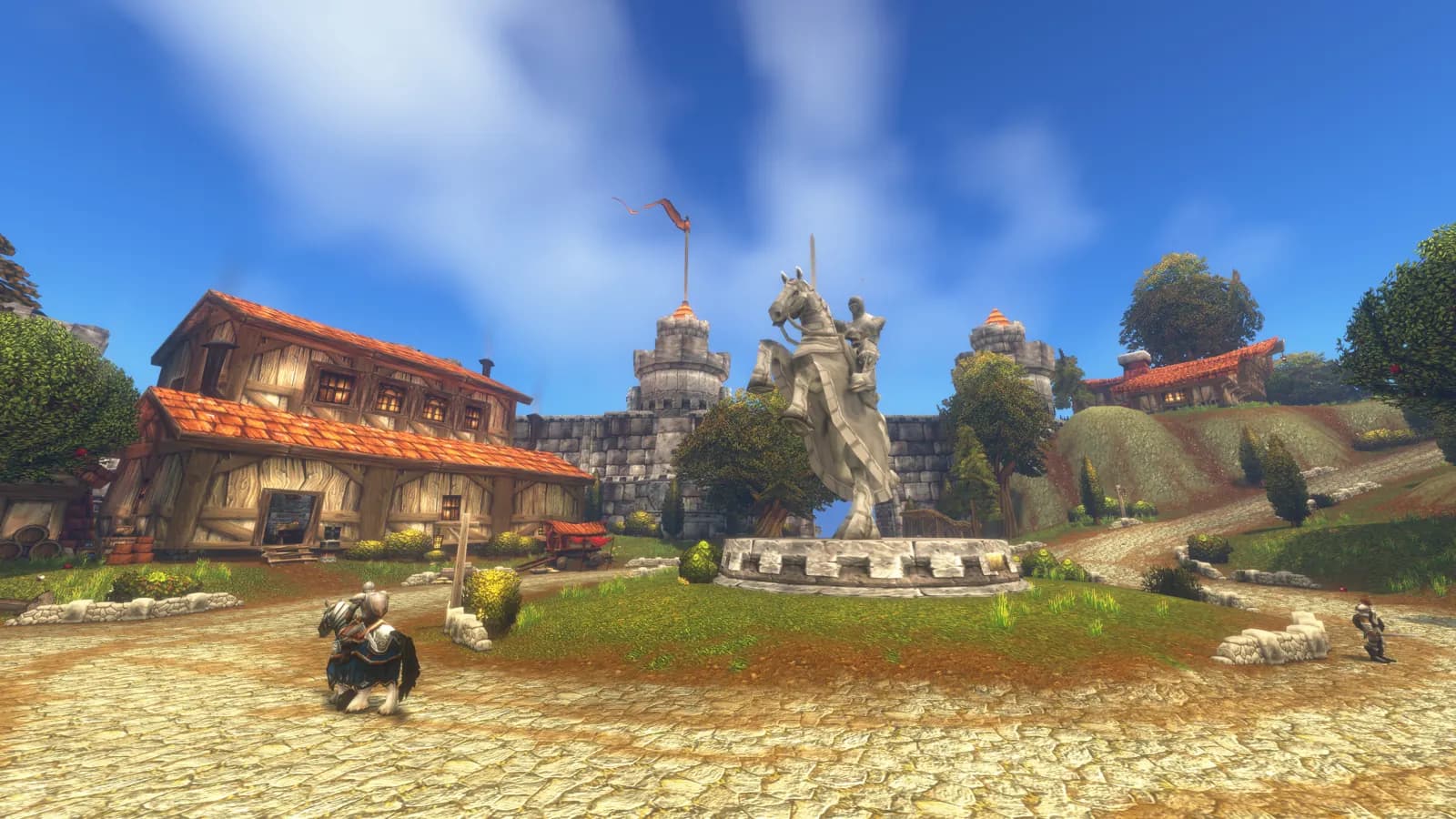 A town square with a statue of a knight on a rearing horse, an inn and keep walls behind