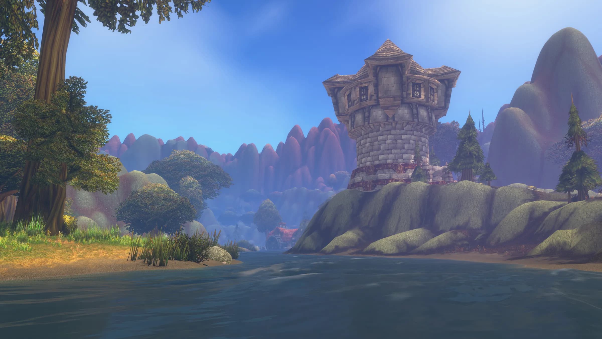 A stone watchtower above a river in one of the new zones