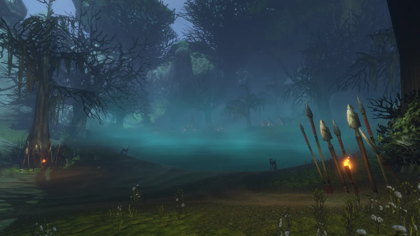 A misty teal lake in a dark forest, with spears and a torch in the foreground