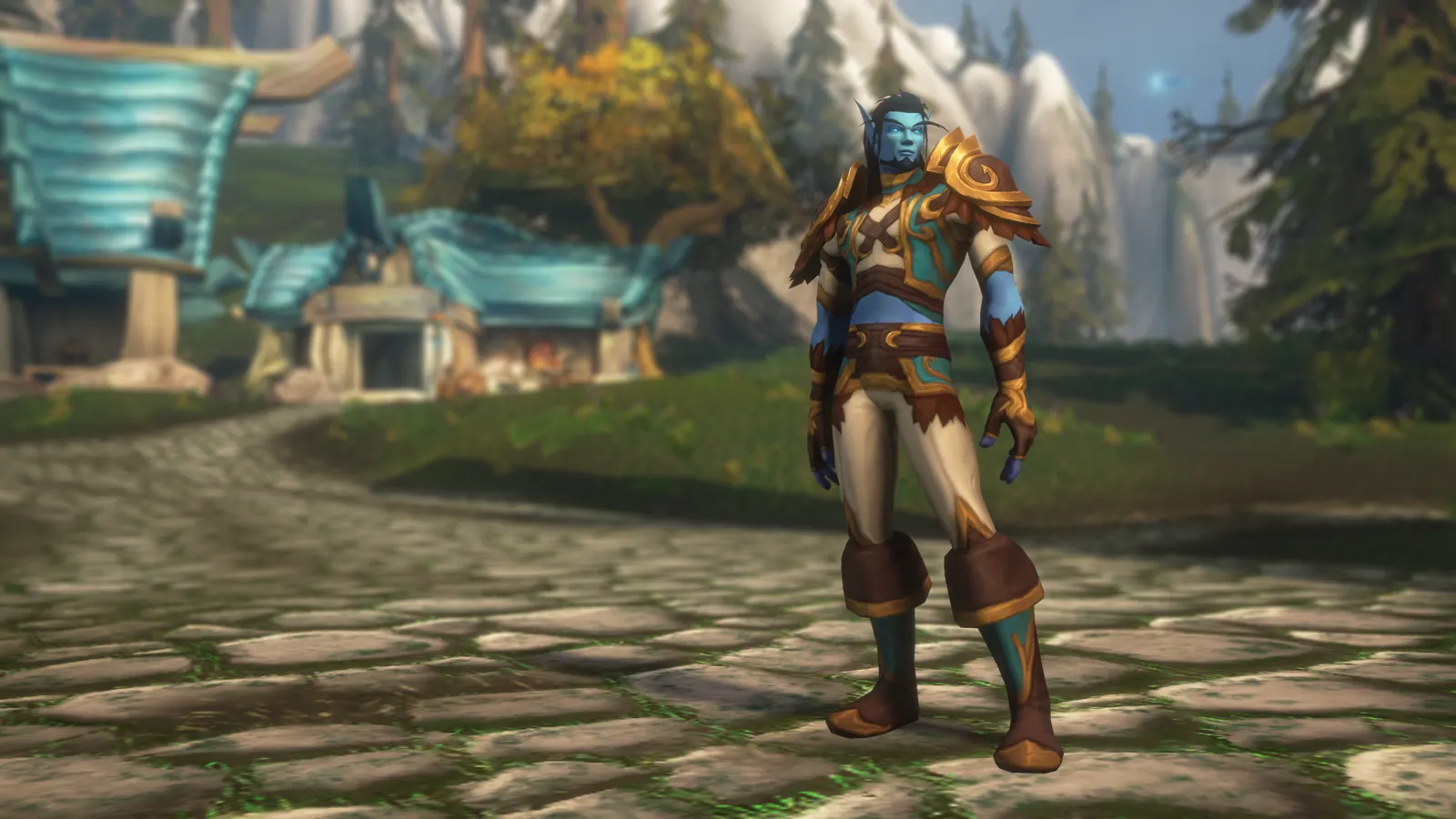 A Skyborne man in bronze shoulderpads in front of blue-roofed houses