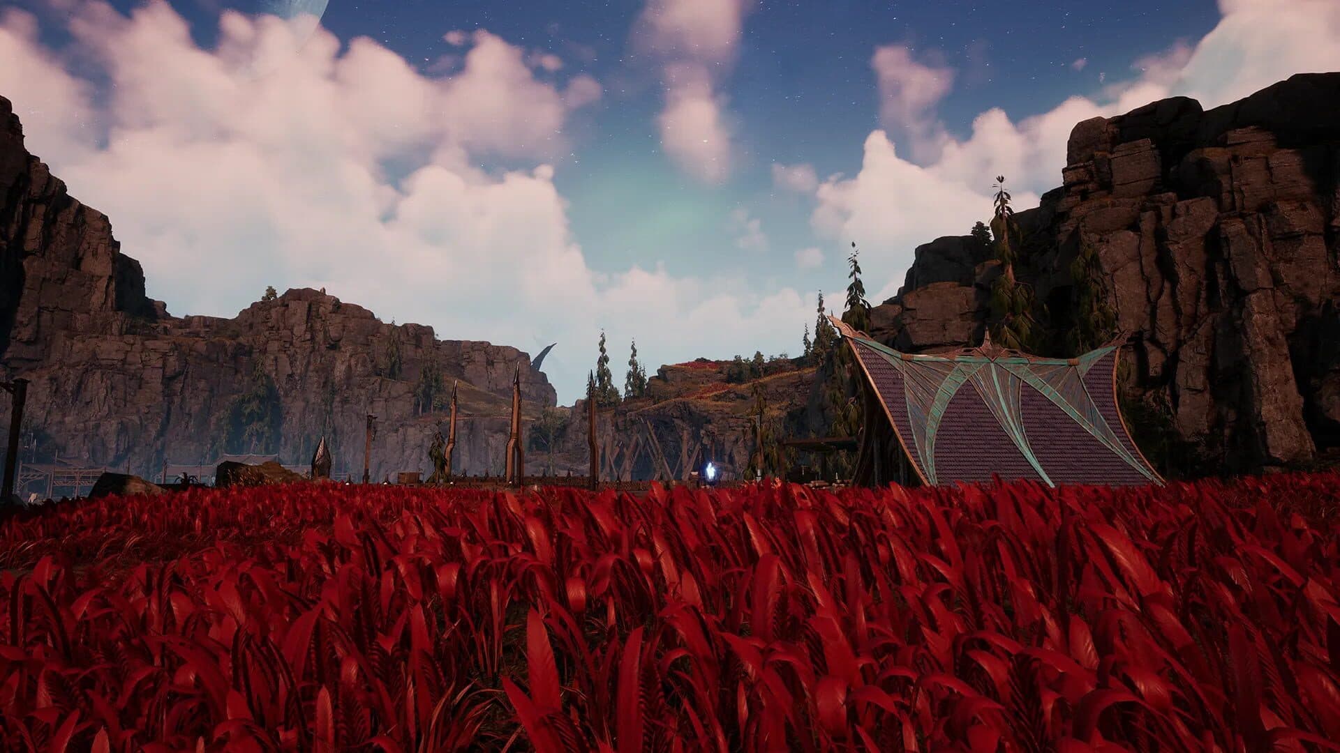 A field of red grass beneath jagged cliffs